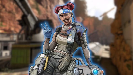 Mobies mobile game awards: Picture of Lifeline from Apex Legends Mobile with a blue outline on a blurry picture of an Apex map