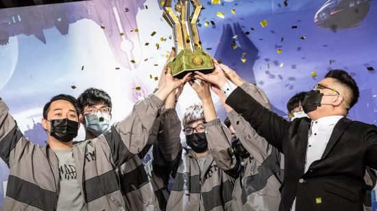 A screenshot from the Mobies Mobile Gaming Awards announcement trailer showing an esports team holding up a trophy, surrounded by confetti.