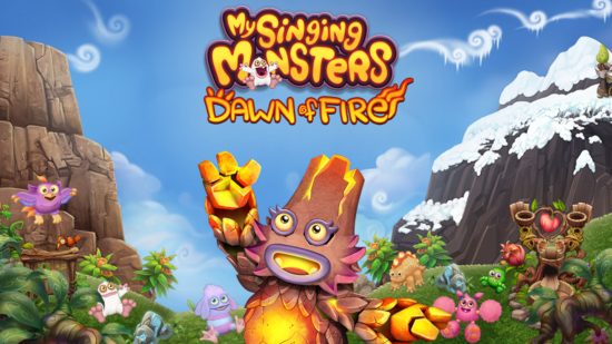 Screenshot of key art for My Singing Monsters Dawn of Fire, with a single volcanic monster looking at the player, for My Singing Monsters games guide