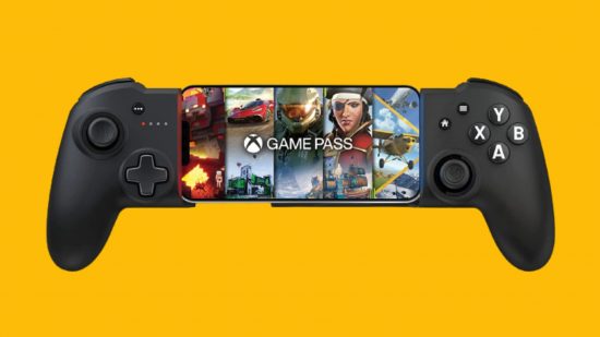 Nacon MG-X Pro for iPhone review: the split controller pad with an iPhone in the middle with the gamepass logo and various art from videogames.