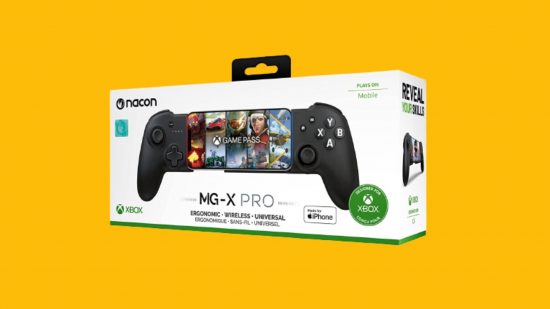 Nacon MG-X Pro for iPhone review: the split controller pad with an iPhone in the middle with the gamepass logo and various art from videogames, on the front of a white box.