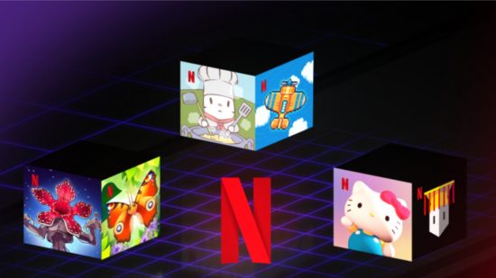Art for six of Netflix's December mobile games displayed like postcards around the Netflix logo.