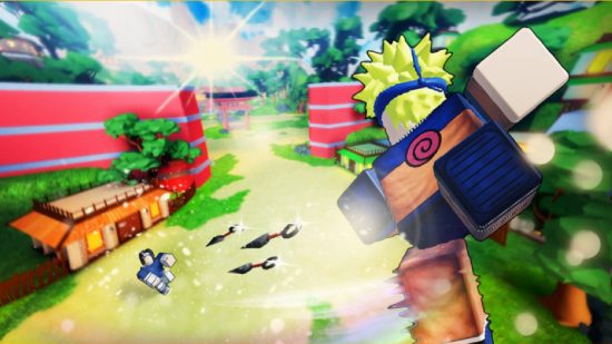 Ninja Storm Simulator codes: key art for the Roblox game Ninja Storm Simulator shows two Roblox avatars fighting, with both dressed in anime outfits