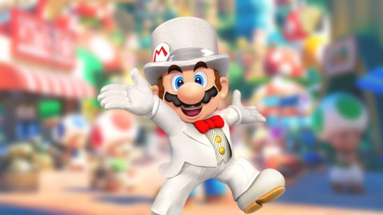 A blurred background of the mushroom kingdom for Nintendo's 2022 year in review with a PNG superimposed In the middle is Mario, a jolly moustachioed dark-haired man in a white suit and top hat, arms and legs wide as he jumps in the air