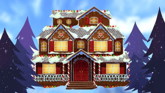 Nintendo House of Indies - a house with five brightly lit windows all covered in snow and Christmas decorations flanked by pine trees.