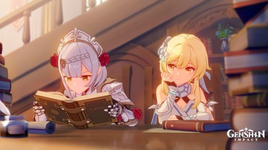 Genshin Impact Noelle: A screenshot from Noelle's hangout event featuring Noelle (left) avidly studying a book, while Lumine (right) lovingly watches her with her chin rested on her right hand.