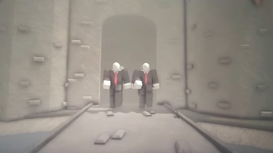 Two Roblox men in suits running along a bridge