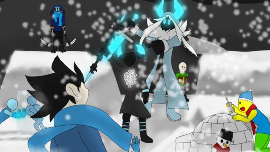 NPC Tower Defense codes - a group of Roblox characters approaching a snowy monster