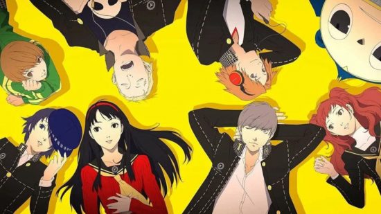 Persona 4 characters: All of the Investigation Team characters laying on their backs in a circle, looking upwards towards the viewer.