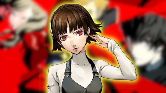 Persona 5 Makoto: Makoto's dialogue key art from the bust up, outlined in yellow. This is pasted on a blurred Persona 5 background.