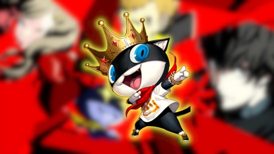 Persona 5 Morgana: Morgana from Persona 5 Dancing in Starlight wearing a crown, red bandana, and white tshirt. He is pointing to the right of the image.