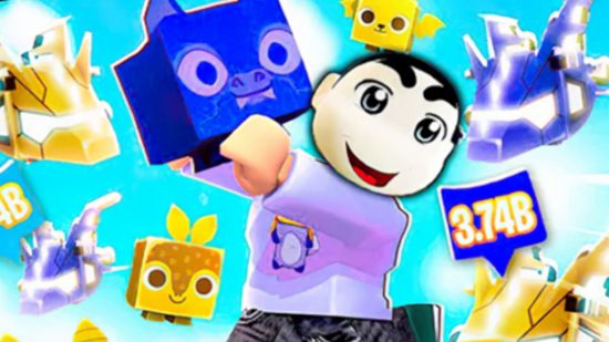 Pet Lifting Simulator codes - a happy Roblox man surrounded by blocky pets