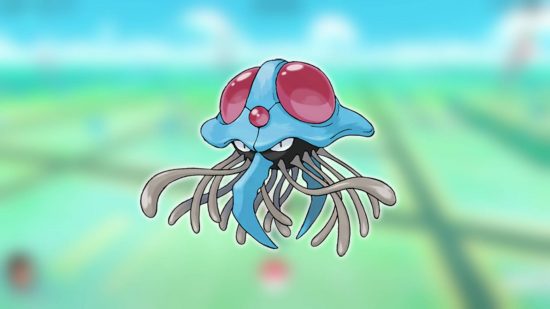 Poison Pokemon: key art is shown of the jellyfish Pokémon tentacruel, positioned in front of a blurred screenshot of Pokemon Go
