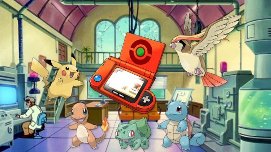 An image of a Pokedex surround by a Pikachu, Bulbasaur, Charmander, Squirtle, and Pidgeotto