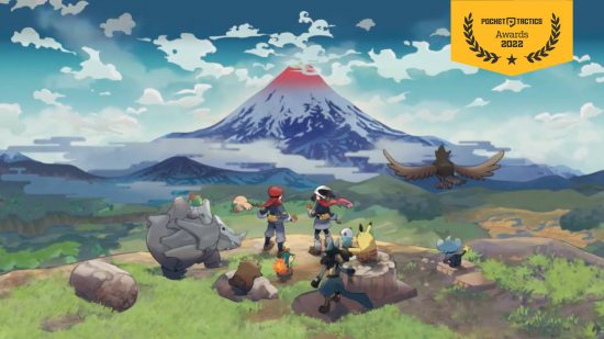 Pokemon Legends Arceus future of the franchise: key art for Pokemon Legends Arceus shows two trainers and their pokemon looking over Hisui