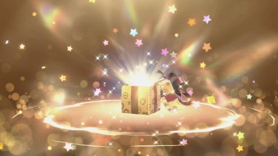 Pokemon Scarlet Violet mystery gift codes: a screenshot from Pokemon Scarlet and Violet shows a present being opened