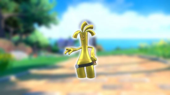 Pokemon szkarłatny fiolet najsilniejszy pokemon: kluczowa grafika przedstawia stalowego ducha pokemona Gholdengo 