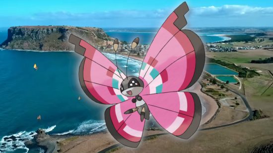 Pokémon Go Vivillon fluttering over a beach