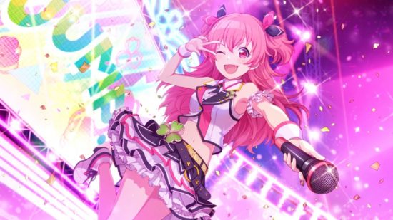 Project Sekai characters: Airi in her MMJ uniform on stage doing a peace sign. The stage lights are behind her in pink.