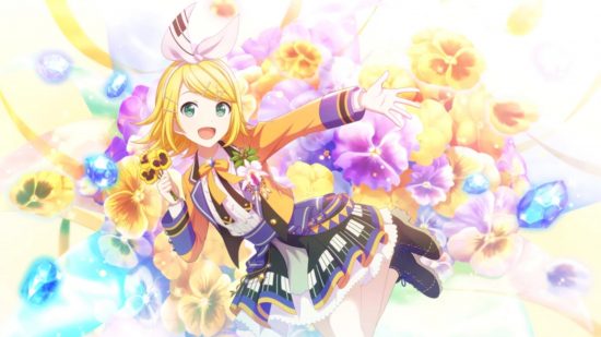 Project Sekai cards: Kagamine Rin in her birthday outfit.