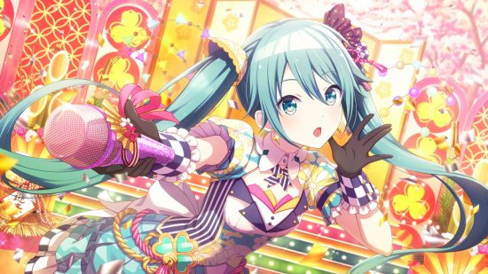 Project Sekai cards: Hatsune Miku on stage holding a pink microphone towards the player.