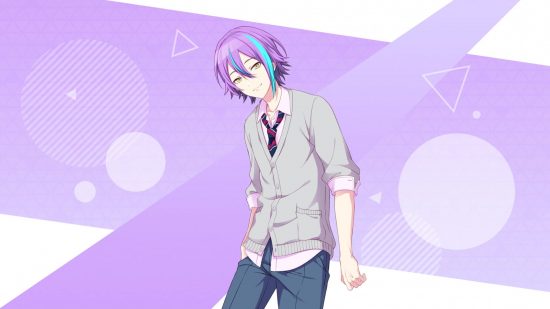 Project Sekai Cards: Rui Kamishiro in his school uniform on a purple background