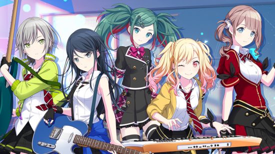 Project Sekai download: All four members of Leo/need in School Sekai with Miku. From left to right, Shiho, Ichika, Miku, Saki, and Honami.