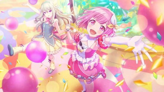 Project Sekai characters: Emu wearing her WxS uniform whilst surrounded by pink and orange balloons. In the background you can see that she is holding Nene's hand.