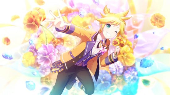 Project Sekai cards: Kagamine Len in his birthday outfit.