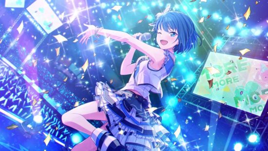 Project Sekai characters: Haruka in her MMJ uniform singing on stage. These is a sea of blue lightsticks in the audience behind her.