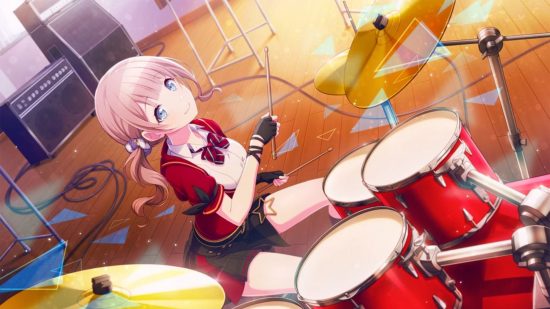 Project Sekai characters: Honami in her Leo/need uniform playing her drums in a classroom.