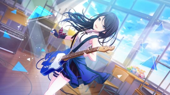 Project Sekai characters: Ichika playing a blue electric guitar.