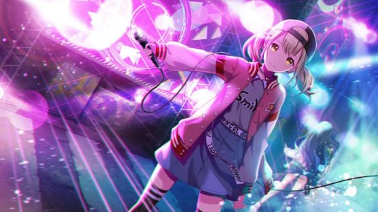 Project Sekai characters: Kohane in her VBS outfit standing on stage, illuminated from behind by pink light.