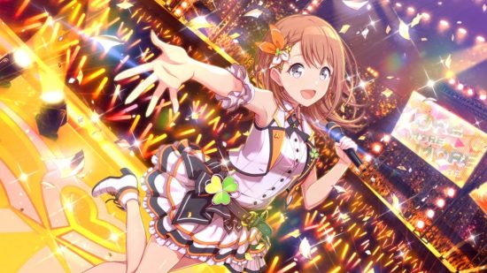 Project Sekai characters: Minori in her MMJ uniform on stage singing. A sea of orange lightsticks are in the audience behind her.