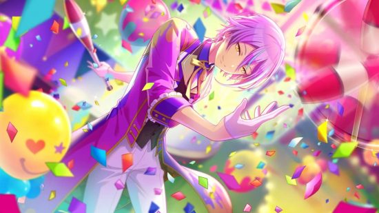 Project Sekai characters: Rui in his WxS uniform twirling bowling pins and surrounded by confetti.
