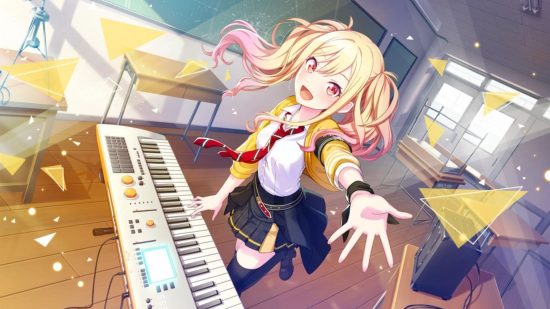 Project Sekai characters: Saki in her Leo/need uniform playing her synth in a classroom.