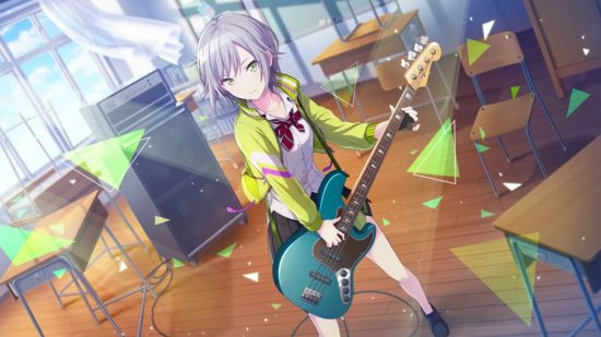 Project Sekai characters: Shiho in her Leo/need uniform playing her bass guitar in a classroom.