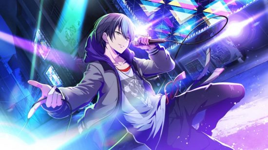 Project Sekai characters: Toya in his VBS outfit posing on stage whilst singing, illuminated by blue light.
