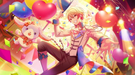 Project Sekai characters: Tsukasa in his WxS uniform waving a blue flag amongst colourful plushies and balloons.