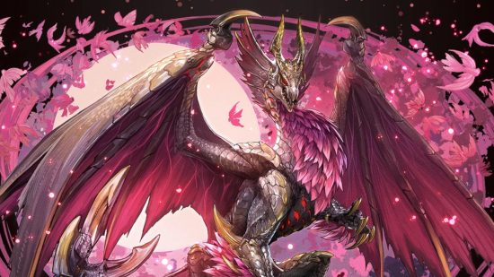 Puzzle & Dragons x Monster Hunter: A red and purple feathery dragon from Monster Hunter who features in one of the dungeons