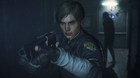 Resident Evil 2 Leon: Leon Kennedy from Resident Evil 2 remake holding up his gun and walking down a corridoor.