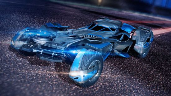 Screenshot of a blue sleek looking Batmobile for Rocket League best car list