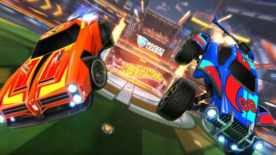 Two cars flying away from Rocket League How Wheels logos on a football pitch - one orange and like an old Mustang, one blue and more like a buggy.