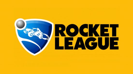 The Rocket League logo on a mango yellow background. It's the words Rocket League in a Futura-esque font, next to a football crest withe a car flying across it behind a ball.
