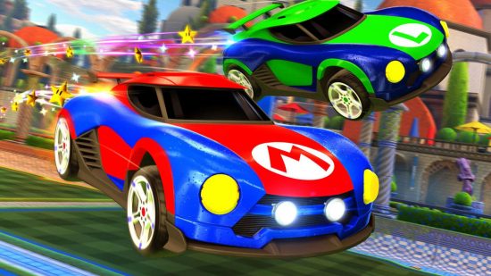 Rocket League logo: Two cars flying through the air, one red and blue with an M on the bonnet, fashioned after Mario, another green and blue with an L on the bonnet, fashioned after Luigi.