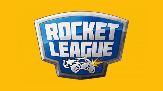 The Rocket League logo on a mango yellow background. It's a crest with the title of the game above a buggy-like car as if engraved in metal below.