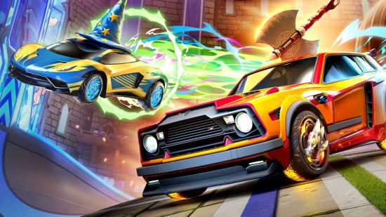 An orange hatchback with an axe in the roof alongside a supercar with a wizard hat on flying through the air in a fantastical scene from Rocket League