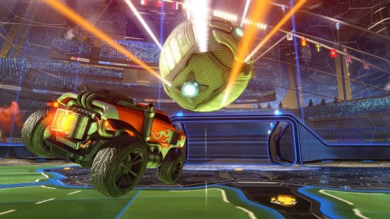 Fondo de pantalla de Rocket League que muestra un automóvil y una pelota corriendo hacia la meta