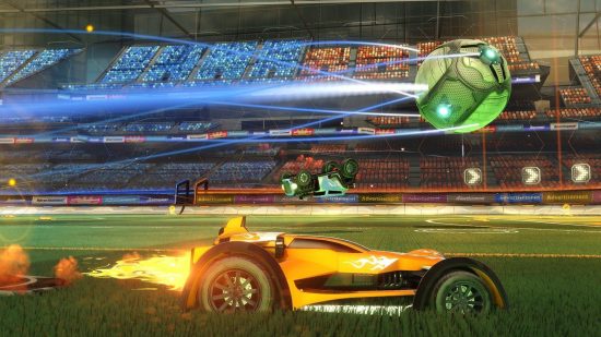 Rocket League wallpaper showing a yellow car racing after a ball on the field