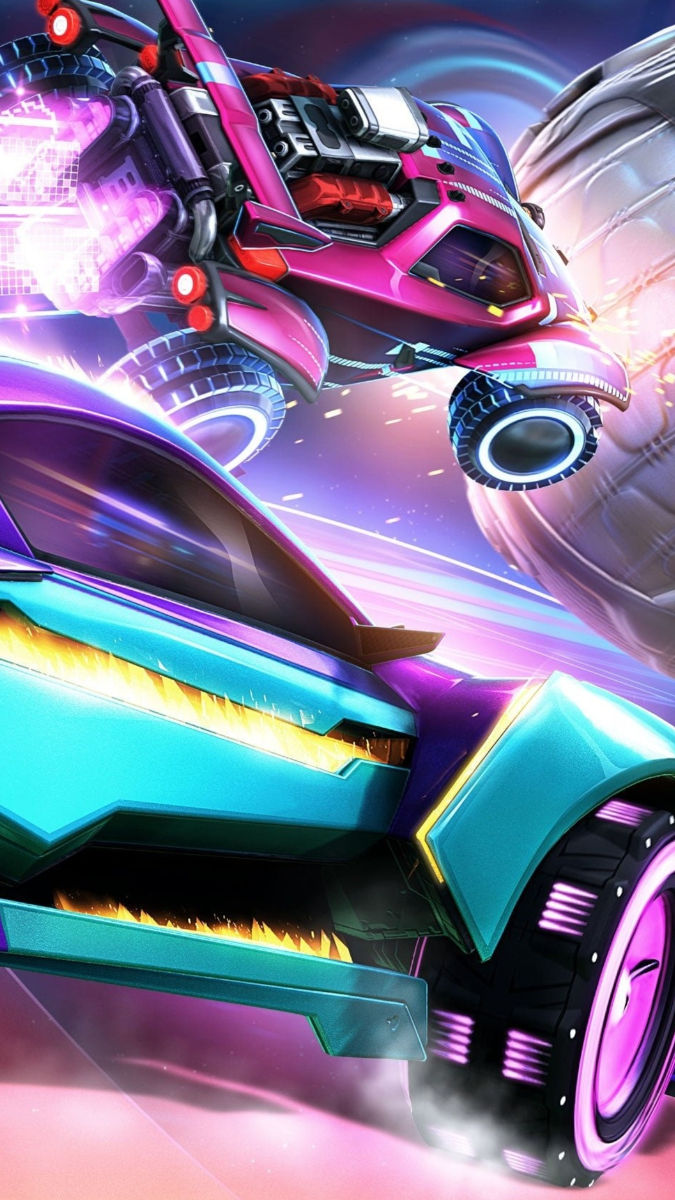 Fondo de pantalla de Rocket League de un auto azul y un auto rosa conduciendo tras una pelota